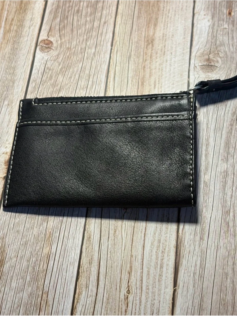 Coach Black Leather Zip Card Wallet with White Contrast Stitching